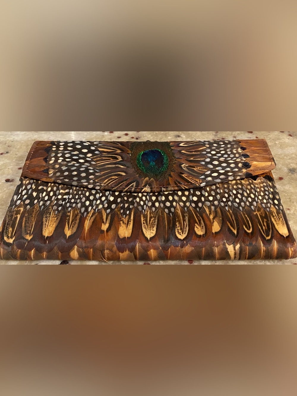 Comeco Genuine Peacock Feather Brown Leather Wallet